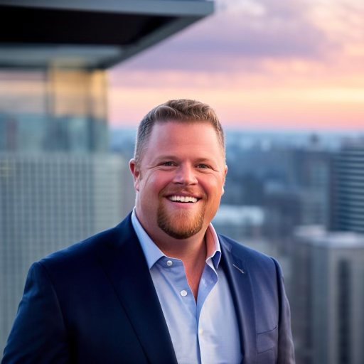 Adam Simpson, co-founder of The Plated Society, smiling in a navy blazer with a city skyline behind him