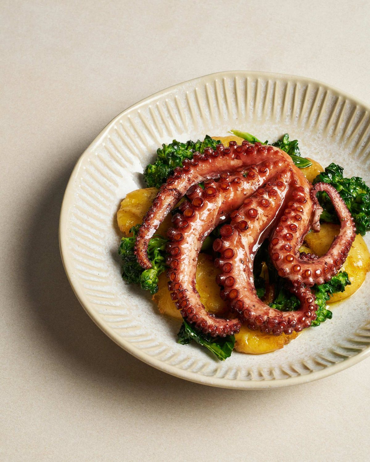 Charred octopus over crushed potatoes and broccolini, plated on hand-thrown ceramic